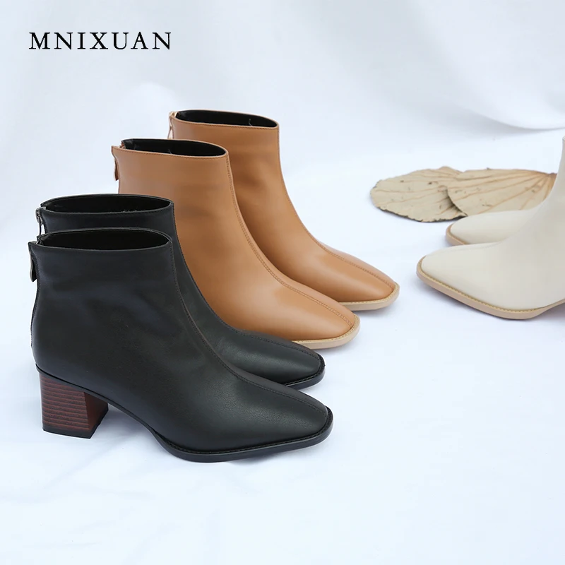 

MNIXUAN Handmade high quality shoes women ankle boots genuine leather office short boots square toe high heels zipper big size43