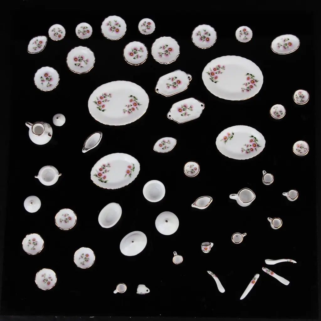 

ABWE 50 pcs Miniature Dollhouse Dinnerware Porcelain Tea Set Tableware Mug Plate Pink Daisies