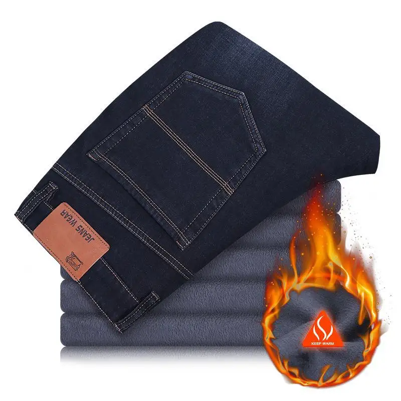 Зимние теплые мужские джинсы, плотные Стрейчевые джинсы, прямые мужские брюки из хлопка, большие размеры 40, 42, 44 - Цвет: Черный