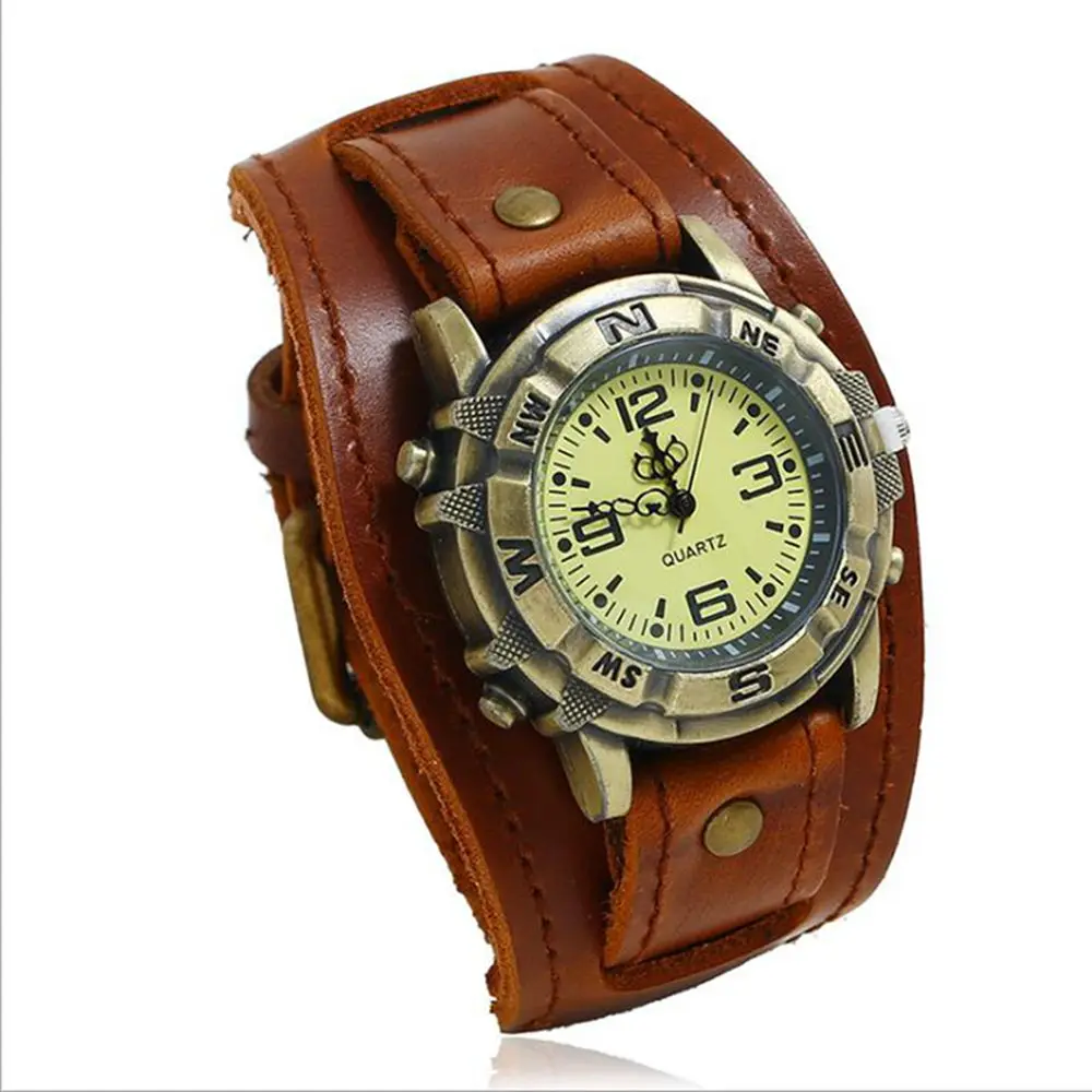 2025 Relogio Retro Big Wide Genuine Leather Strap Watch Men