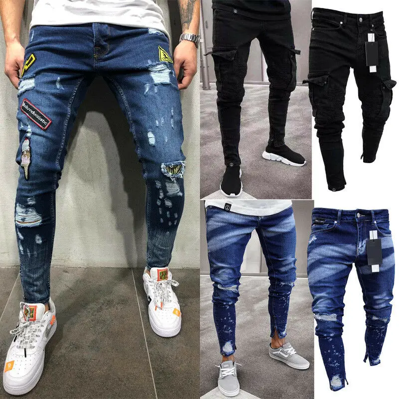 BYWX Men Fashion Stretchy Motorcycle Biker Ripped Jeans Long Pants
