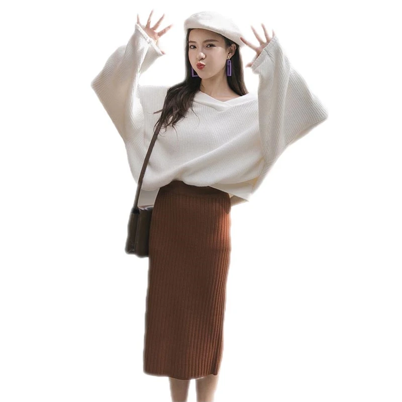 

Autumn Women Elegant V Neck Pullover Sweaters 2 Piece Suit Female Batwing Sleeve Fashion Loose Knitwear Skirt Sets Sweatsuit A97