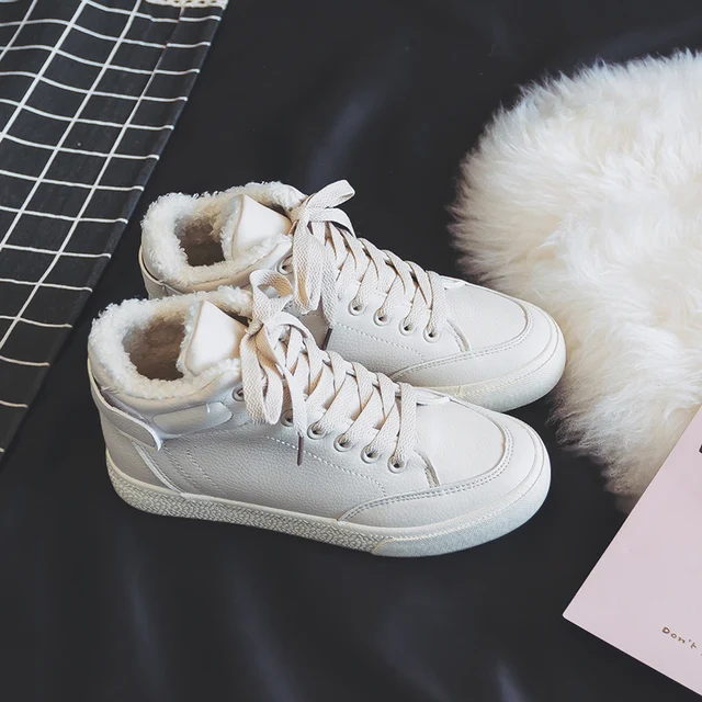 US $24.85 Women Sneakers for Winter Solid Color Pu Leather Waterproof Ankle High Lady Casual Shoes Fur Lined 