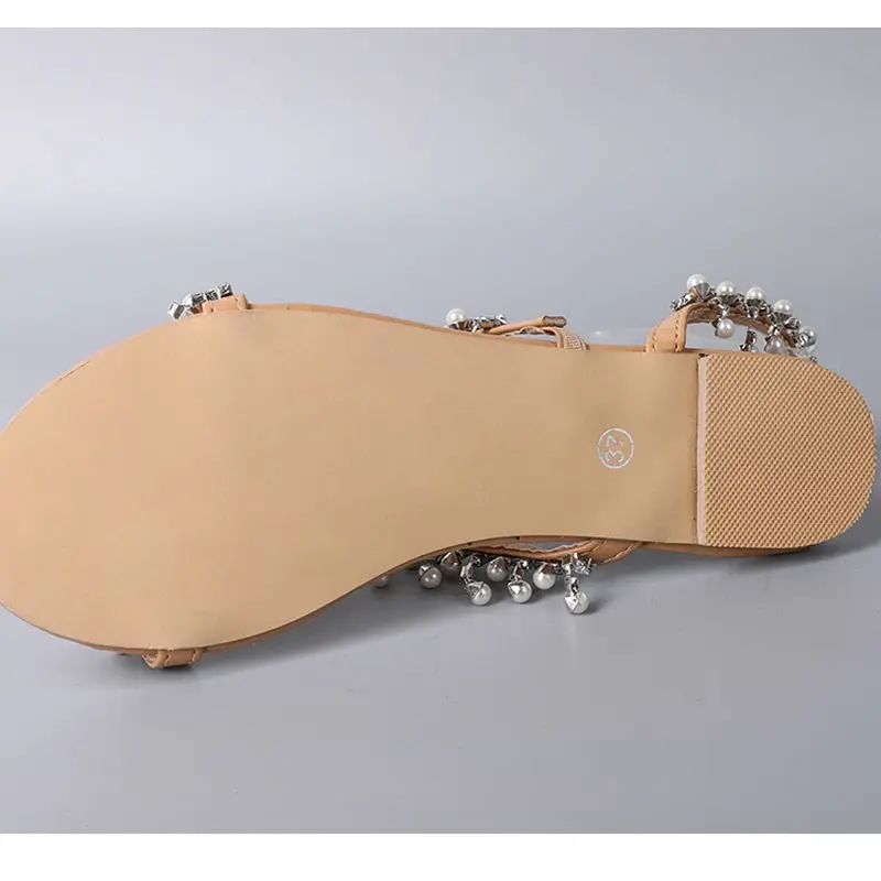 Women Sandals 2019 Summer Shoes Flat Casual Pearl Sandals String Bead Comfortable Sandals Women Crystals Shoes Size 35 - 43