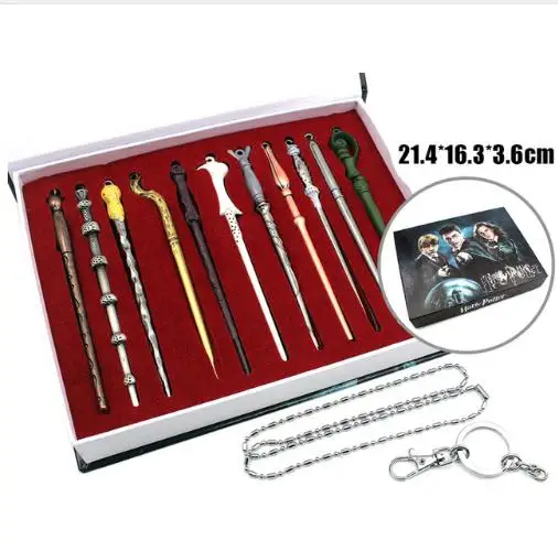 

Free shipping 11 pcs/set Movie Harry Potter Cosplay Weapon Metal toy Harry Potter Magical Wand Stick necklace/keychain Gifts