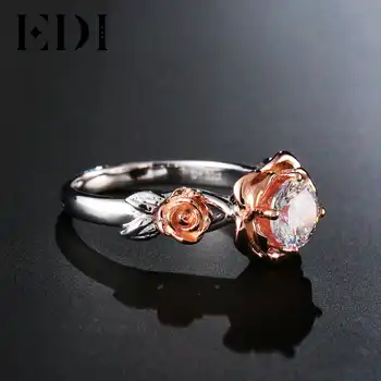 EDI Genuine Natural Rose Flower 1ct Moissanite Diamond Wedding Ring 14K Solid Rose Gold Gemstone Ring Bridal Fine Jewelry