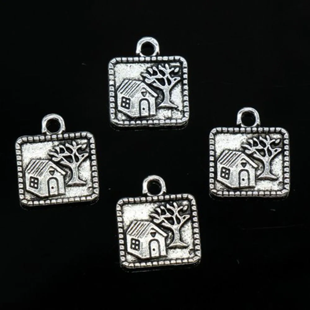 Yamily 25pcs 2 Sided 14x16mmTree and House Charms Antique Silver Tone