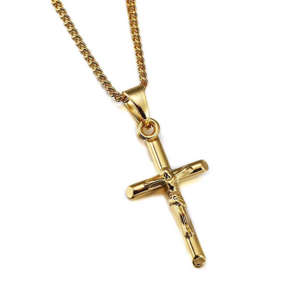 Good Quality Small Jesus Christ Cross Pendant Necklace Thin 60cm Cuban