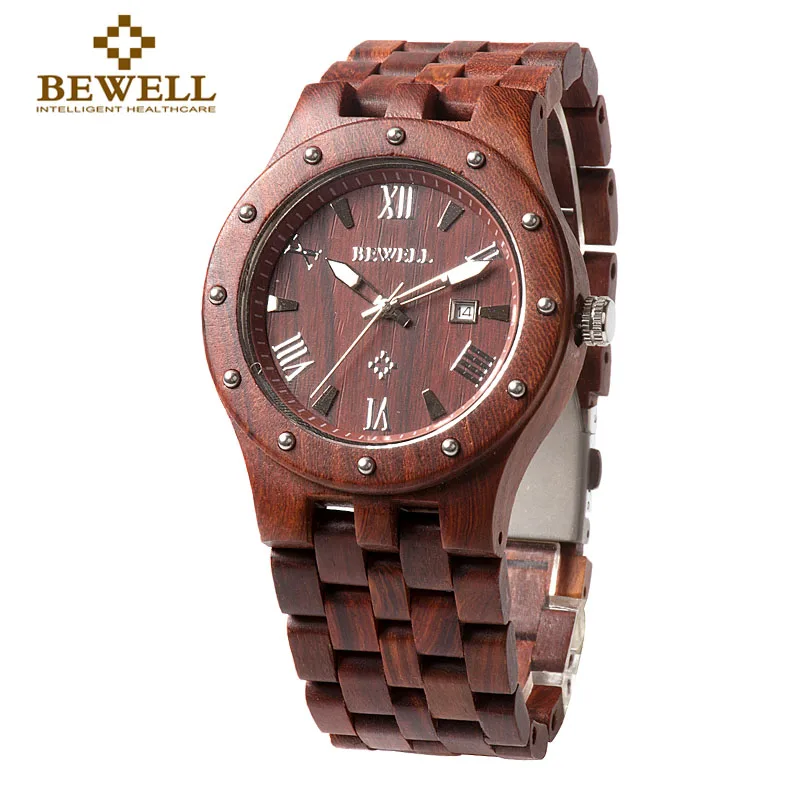 BEWELL 109A Luxury Men's Wooden Watch Analog Quartz Handmade Casual Watches with Unique Designed Natural Round Case Gift Box