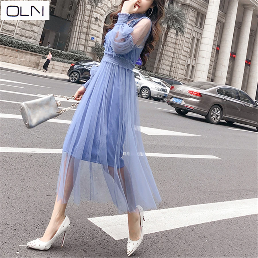 

Vestidos Korean style Summer temperament lady sweet fairy mesh long holiday cake dress