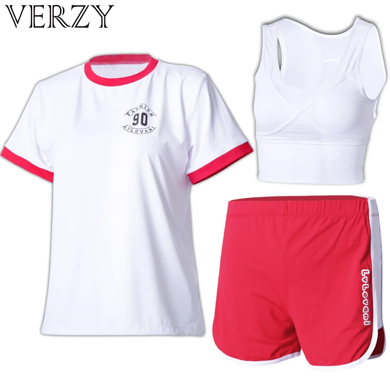 

Women summer yoga suit blue red and white T-shirt shorts bra 3 pieces sportswear fitness breathable gym outdoor clothes for girl