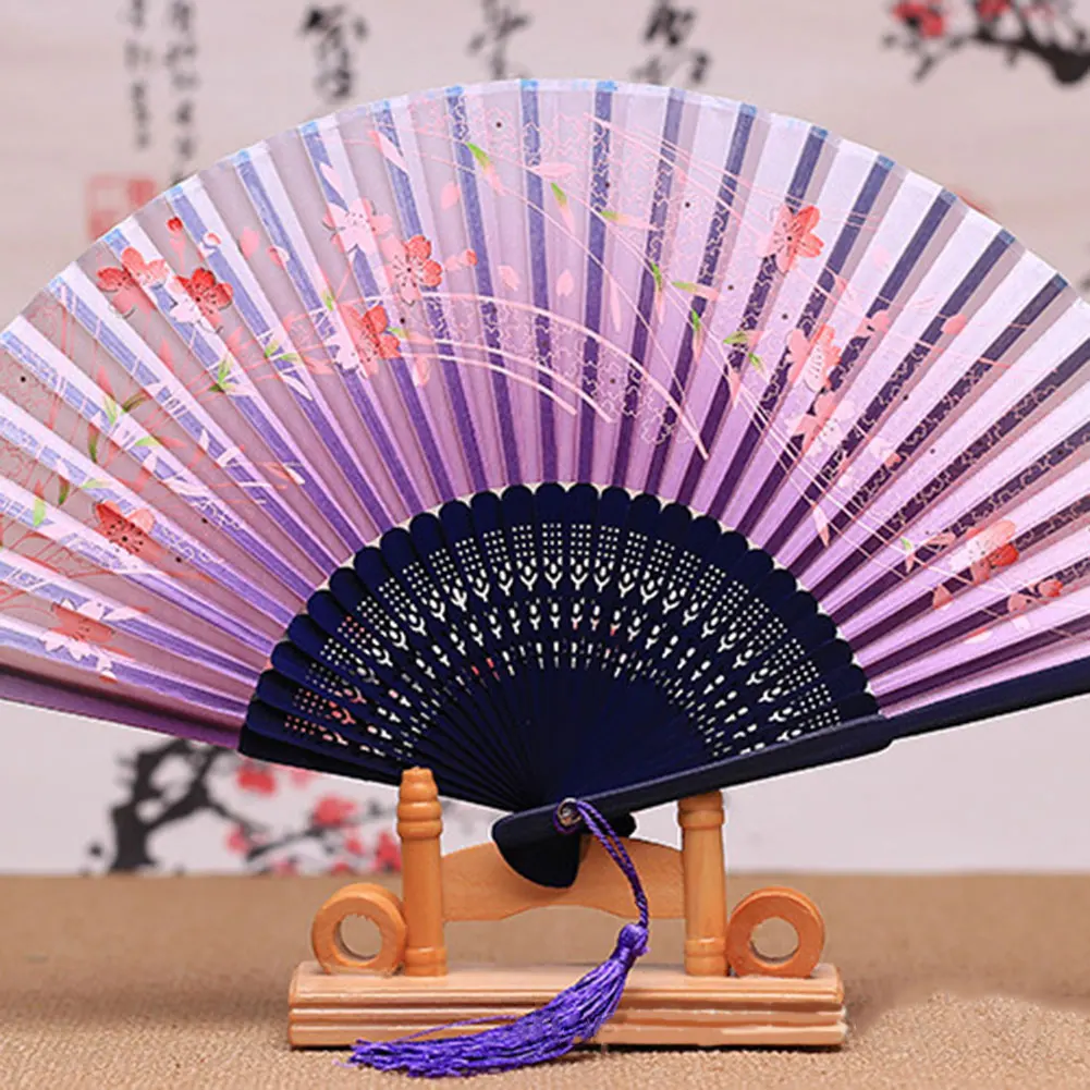 DV_ Women Hand Held Silk Flower Butterfly Folding Fan with Bamboo Frame Splendid 