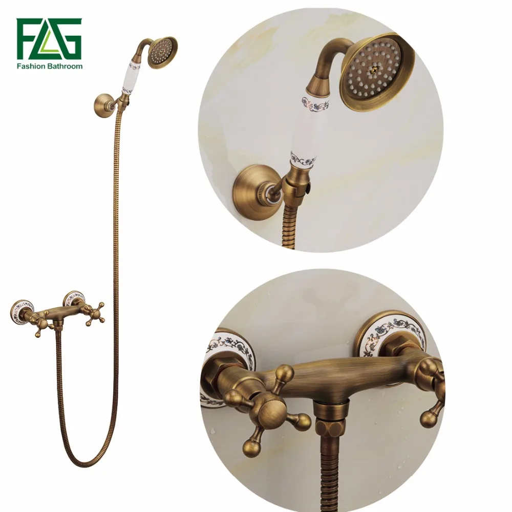 

Antique Brass Bathroom Bath Wall Mounted Hand Held Shower Head Kit Ceramics Shower Faucet Sets Wall Mounted FLG40012A