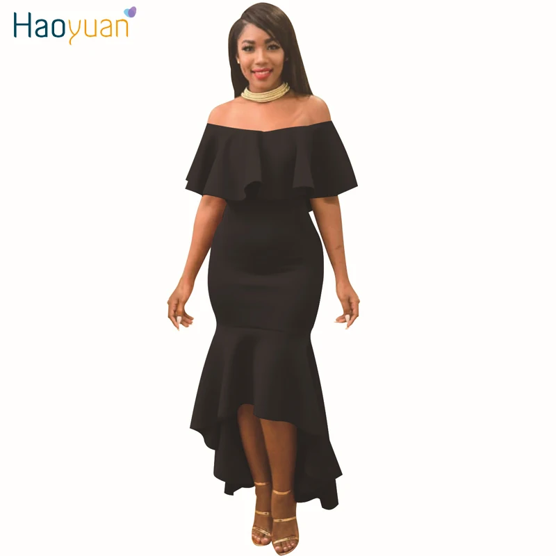 

HAOYUAN Ruffle Off Shoulder Maxi Dress Women 2019 Summer Slash Neck Backless Bodycon Mermaid Long Elegant Sexy Party Dresses