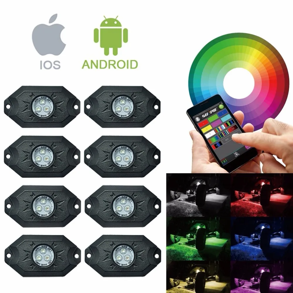 8 стручков многоцветный Неон светодиодный свет комплект RGB светодиодная рок-фары с контроллером bluetooth для синхронизации, музыкальный режим, мигающий 8 стручков многоцветный Неон светодиодный свет комплект RGB светодиодная рок-фары с контроллером bluetooth для синхронизации, музыкальный режим, мигающий