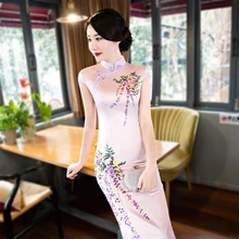 Sheng Coco фиолетовые платья Чонсам Длинные атласные Ципао фиолетовые Чонсам цифровая печать традиционное китайское платье большой размер 3XL