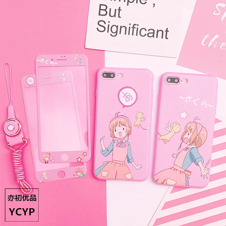 Kopen Roze sailor moon cover Voor iPhone X 8 7 plus Sakura case amp; front gehard glas sticker Voor iPhone 8 7 6 6 s Plus x fundas + strap