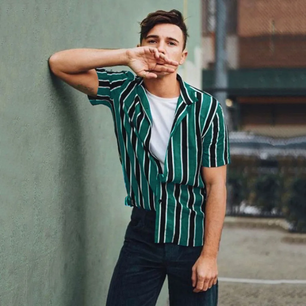 

2019 Summer Plus Size Men's Shirt Short Sleeve Strip Beach Hawaiian Male Casual Shirt Retro Button Tee Shirts Tops Shirt Blouse
