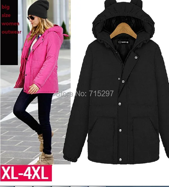 

2014 new design women casual hooded outwear big size full sleeves loose slim elegant warm thick cotton-padded coat  plus size