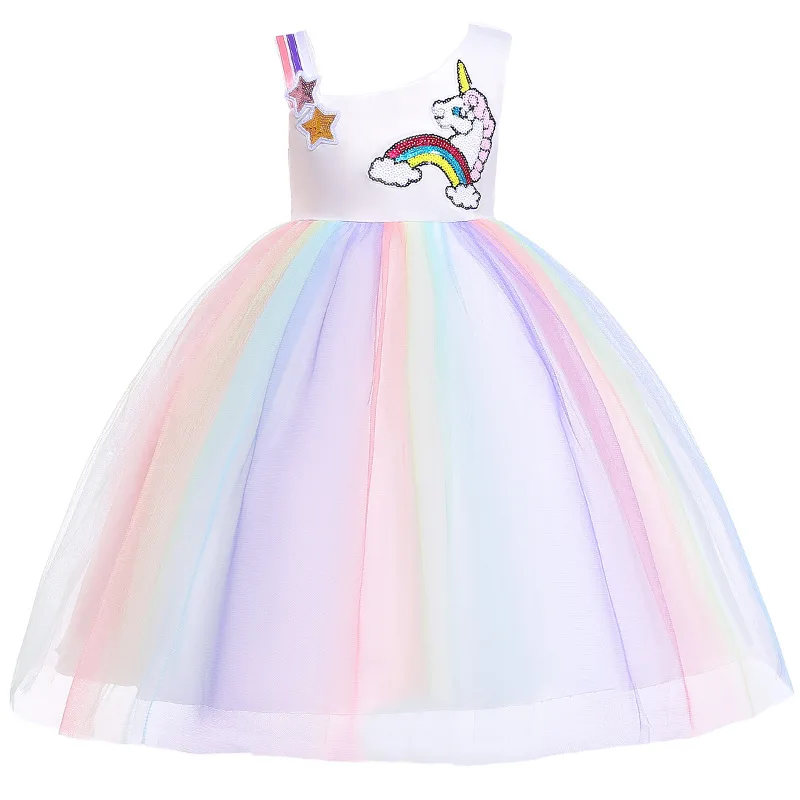 

2019 New Girls Rainbow Unicorn Dress Kids Cosplay Party Princess Ball Gown Baby Halloween Unicornio Dresses For Girls Vestidos