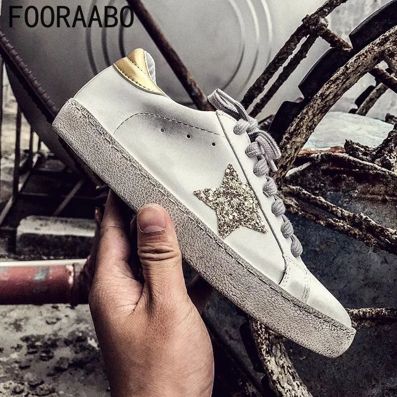 

Women PU Leather Do Old Dirty Shoes Women Sequins Star Golden Glitter Trainers Women Sneakers Female Moccasins Casual Shoes