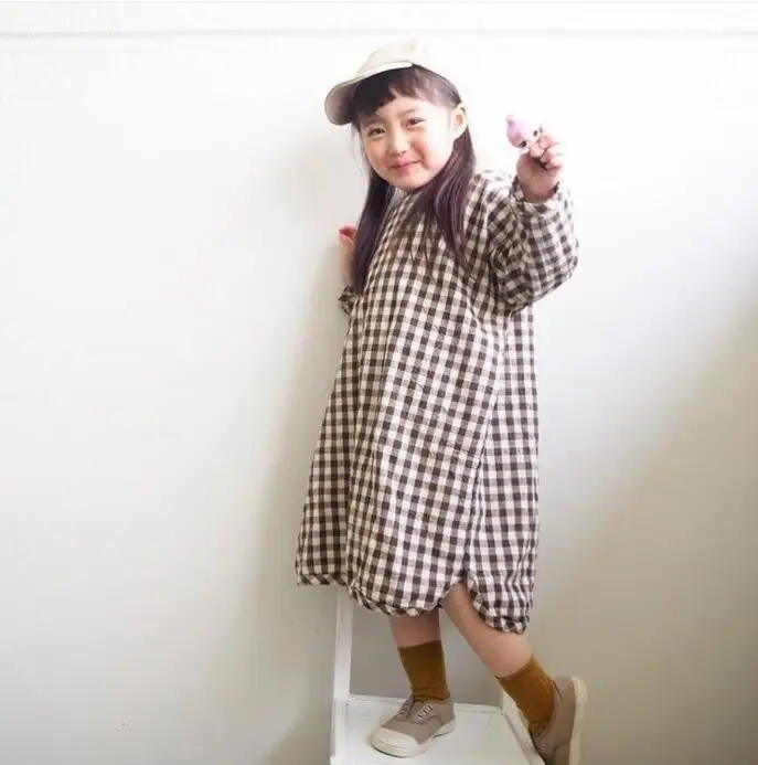 

ins Baby Girls Plaid Split Hem Dress Autumn Long Sleeve Children Simple Japanese and Korean style Dress Clothes