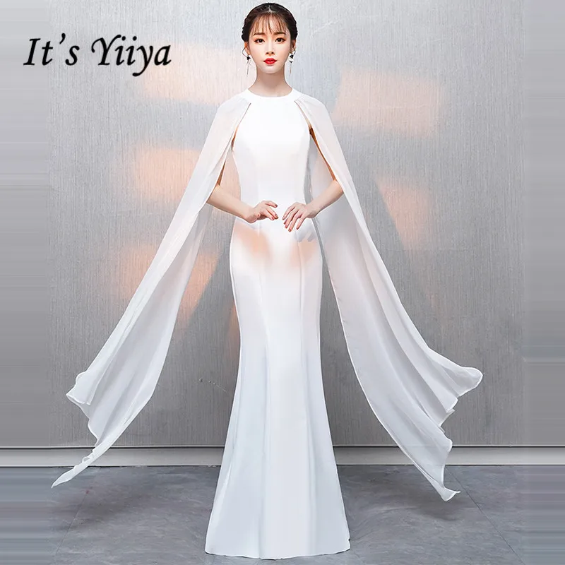

It's YiiYa Evening Dress 2019 Shawl Sleeveless O-neck White Zipper Floor-length Trumpet Formal Dress XH006 robe de soiree