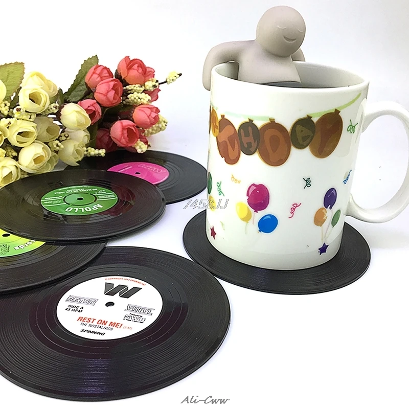 6pcs Retro Vinyl Record CD Coaster Drinks Coffee Cup Table Mats Coasters 