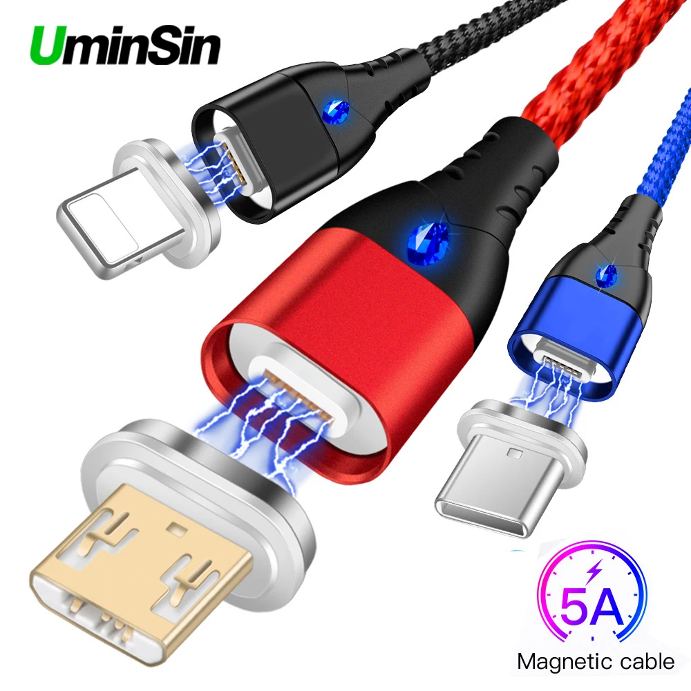 

Uminsin 5A Magnetic Cable Micro USB Type C for Huawei Super charge Fast Charging maganet cord usb C LED Light For iPhone Xiaomi