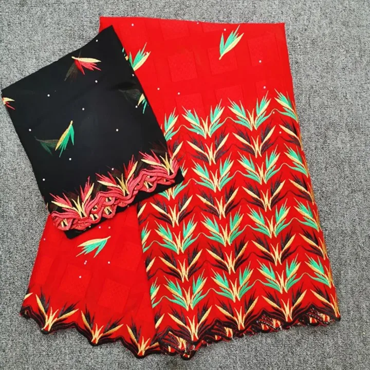 

5Yards Gorgeous red african cotton fabric with flower embroidery and 2yards french black net lace set for dress HC10-5