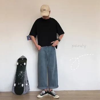 

2019 Autumn Men's Baggy Homme Wide Leg Pants Casual Pants Solid Color Cargo Pocket Jeans Male Blue Color Loose Trousers M-2XL