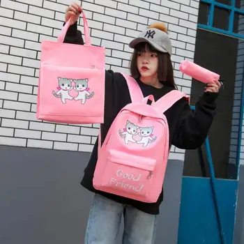 

3pcs/set Girls Female Canvas Backpack Set Teenager Shoulder Bags Pen Case Preppy Style Women Cats Print Totes School Pencil Bags