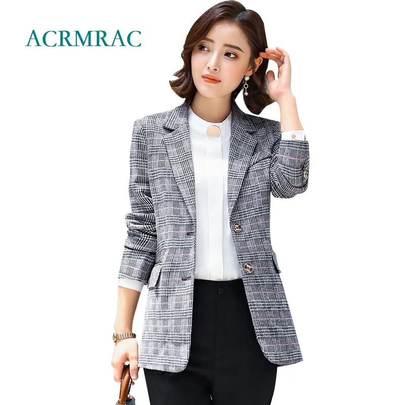 Longues Ol Hiver Femmes Treillis Blazers Formelle Slim Bleu Manches Acrmrac Automne Veste Et À gris Longue 1UPHq1f