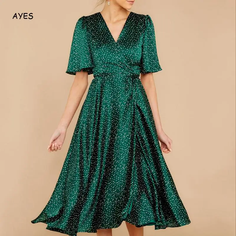 

Summer Dress Women Short Sleeve V Neck Lady Vintage Dress Green Polka Dot Slim Pleated Elegant Dress Party Club Dresses Vestido
