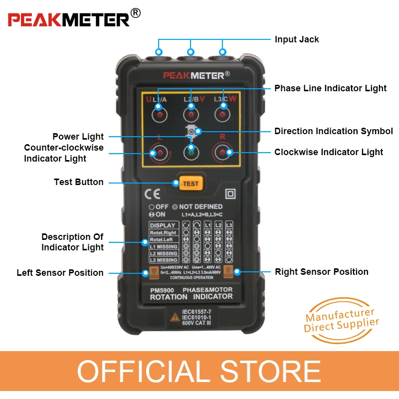 Тестер последовательности PEAKMETER PM5900 3 фазный ампервольтметр для измерения