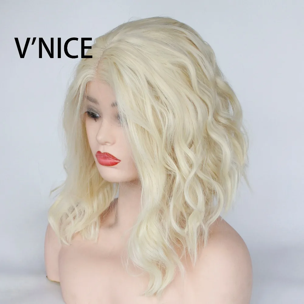 V Nice Bleach Blonde 613 Color Synthetic Wavy Bob Wig For Women Middle