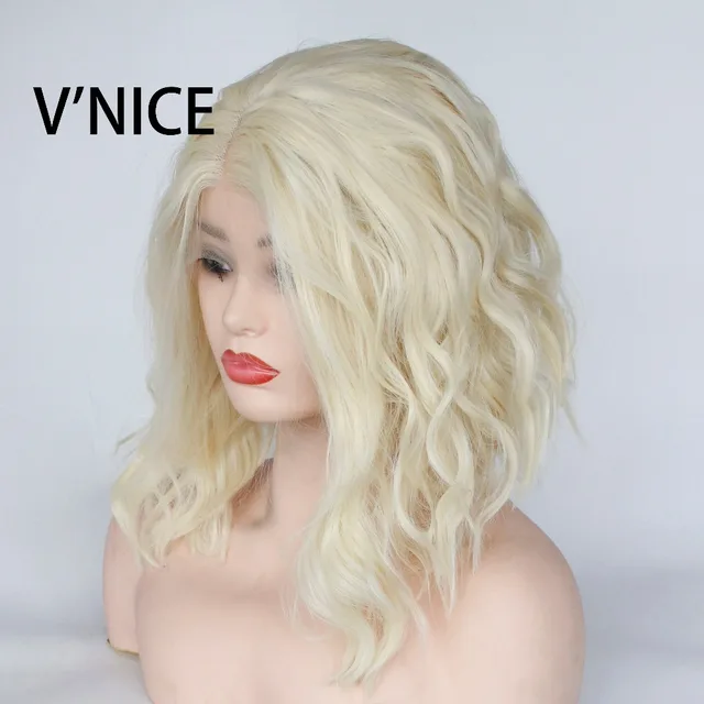 V'NICE Bleach Blonde 613 Color Synthetic Wavy Bob Wig for Women Middle Part Heat Resistant Fiber