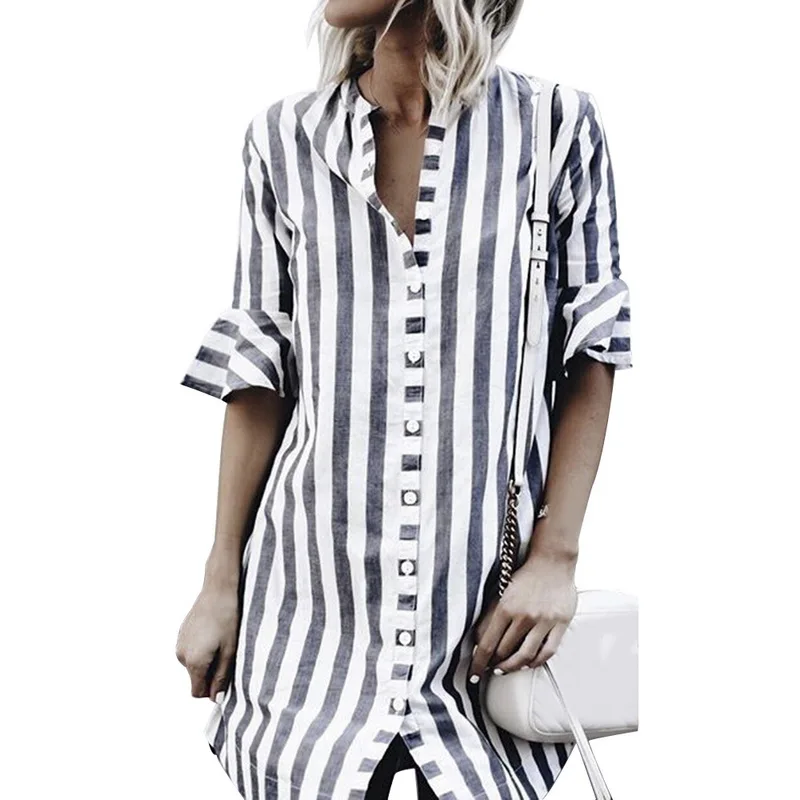 

NIBESSER 2019 Women Blouse Dress Ladies Striped Long Shirt Dress Loose Button Women Striped Half Sleeve Vintage Female Vestidos