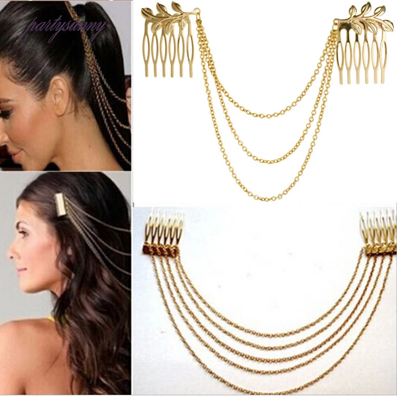 

PF Metal Long Tassel Hairpins Punk Style Headdress Leaf Shape Headwear Hair Clips for Women Combs Girls Hair Accessories TS1179