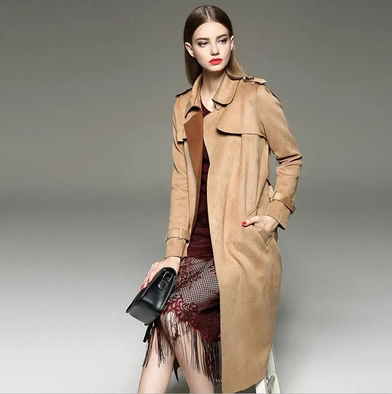 New Autumn Suede Trench Coat Women Mujer Long Elegant Outwear Female Overcoat Slim Red Suede Cardigan Trench - Цвет: Light Tan