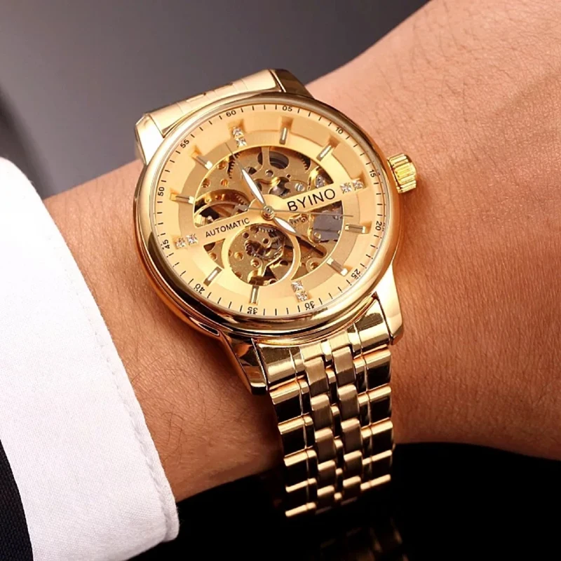 

Top Brand Gold Men Watch Automatic Self-Winding Skeleton Super Quality Stainless Steel Band Watches Waterproof Original Wristwat