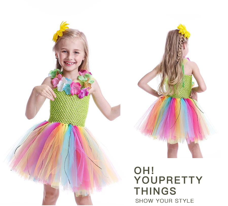 Hula Syle Girls Rainbow Colored Tutu Dress with Flower Necklace Kids Birthday Party Pageant Costume Handmade Sweet Tulle Dress (7)