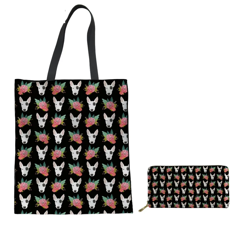 

2PCS Girls Big Cotton Tote Bags With Long PU Leather Wallet Bull Terrier Printing Black Handbags Woman Shoulder Bags Murse Sumka