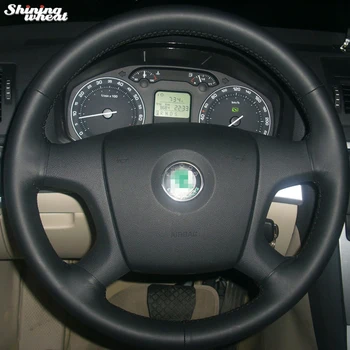 

Shining wheat Hand-stitched Black Leather Steering Wheel Cover for Old Skoda Octavia Skoda Fabia