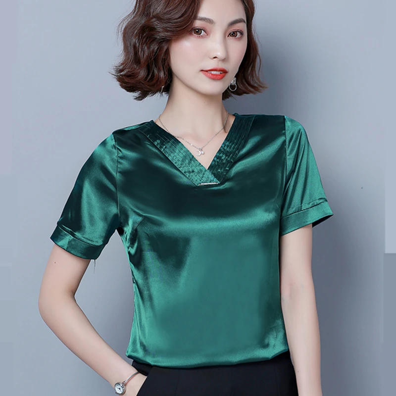 

Casual Silk Women Blouses Satin V-Neck Short Sleeve Women Shirts Plus Size XXXL Womens Tops and Blouses Ladies Tops