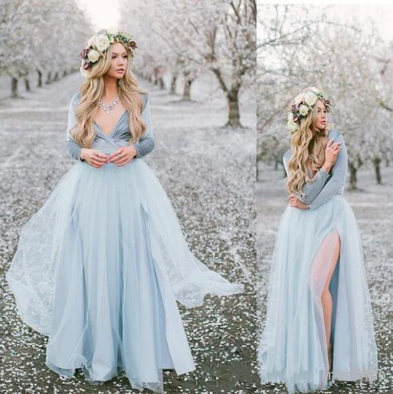 Best Price 2019 Country Bridesmaid Dresses Long Sleeves V Neck Sexy Prom Dresses Side Split Tulle A Line Maid of Honor Party Gowns Best Price 2019 Country Bridesmaid Dresses Long Sleeves V Neck Sexy Prom Dresses Side Split Tulle A Line Maid of Honor Party Gowns