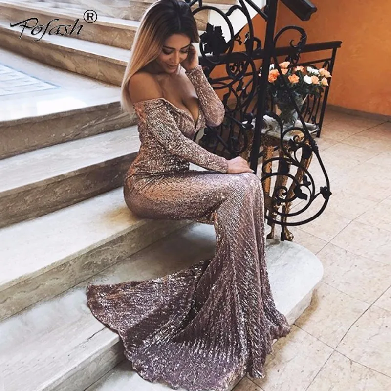 

POFASH Fashion Women Empire Celebrity Party Dresses High Quality Elegant Long Sleeve Strapless Off Shoulder Maxi Sequin Dress