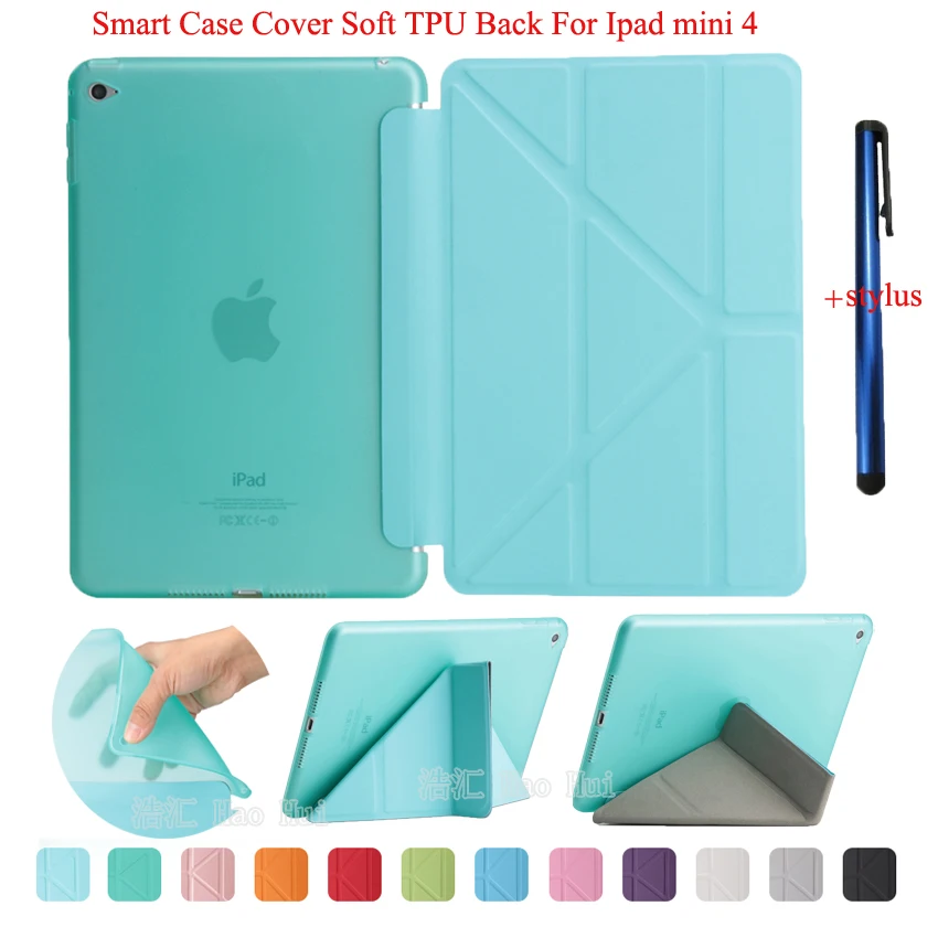 

For iPad Mini 4 Ultrathin PU Leather Case Smart Cover + Soft TPU Translucent Back Case For Apple iPad Mini 4 A1538 A1550+ Stylus