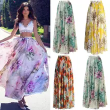 Новая Мода BOHO шифон женская юбка цветочное Джерси Цыганская Длина по щиколотку полная Юбка Повседневная летняя юбка