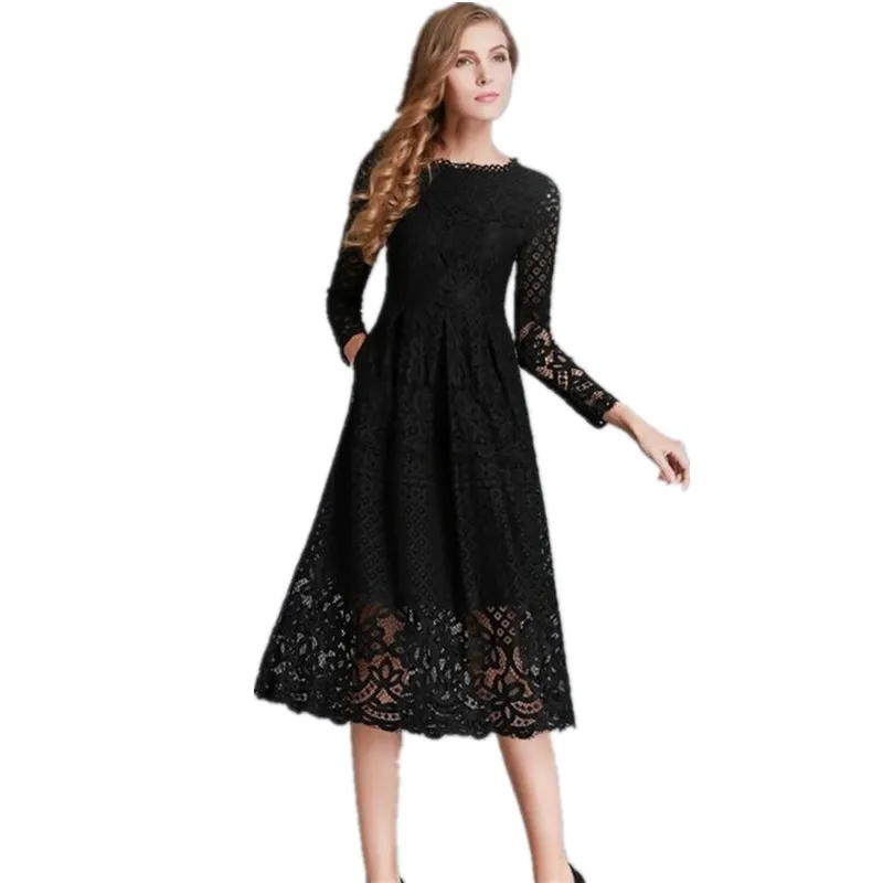 Autumn Fashion New 2017 Hollow Out Elegant White Lace Elegant Party Dress High Quality Women Long Sleeve Casual Dresses Bodycon long-white-lace-dress